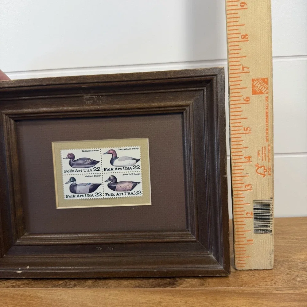 Framed VTG 1985 Folk Art USA 22¢ Duck Decoy Stamps Block of 4 Rustic Decor Set